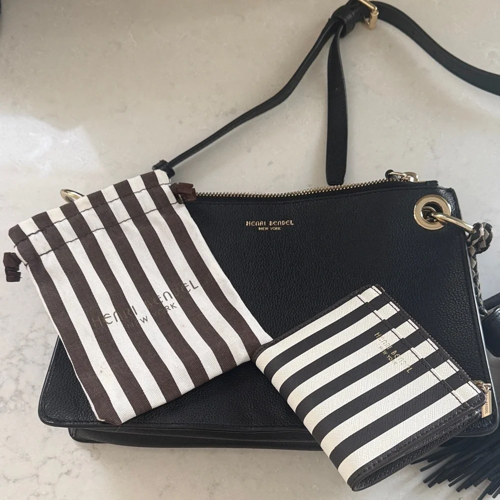 Henri Bendel Black Crossbody Bag with Striped Wallet & Duster - Picture 1 of 1
